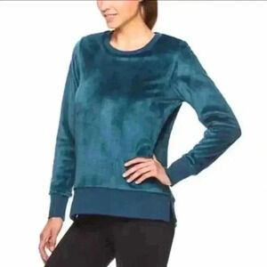 GAIAM Lux Faux-Fur Pullover  Teal Blue Lounge Pullover Crew Neck Sweater Women's